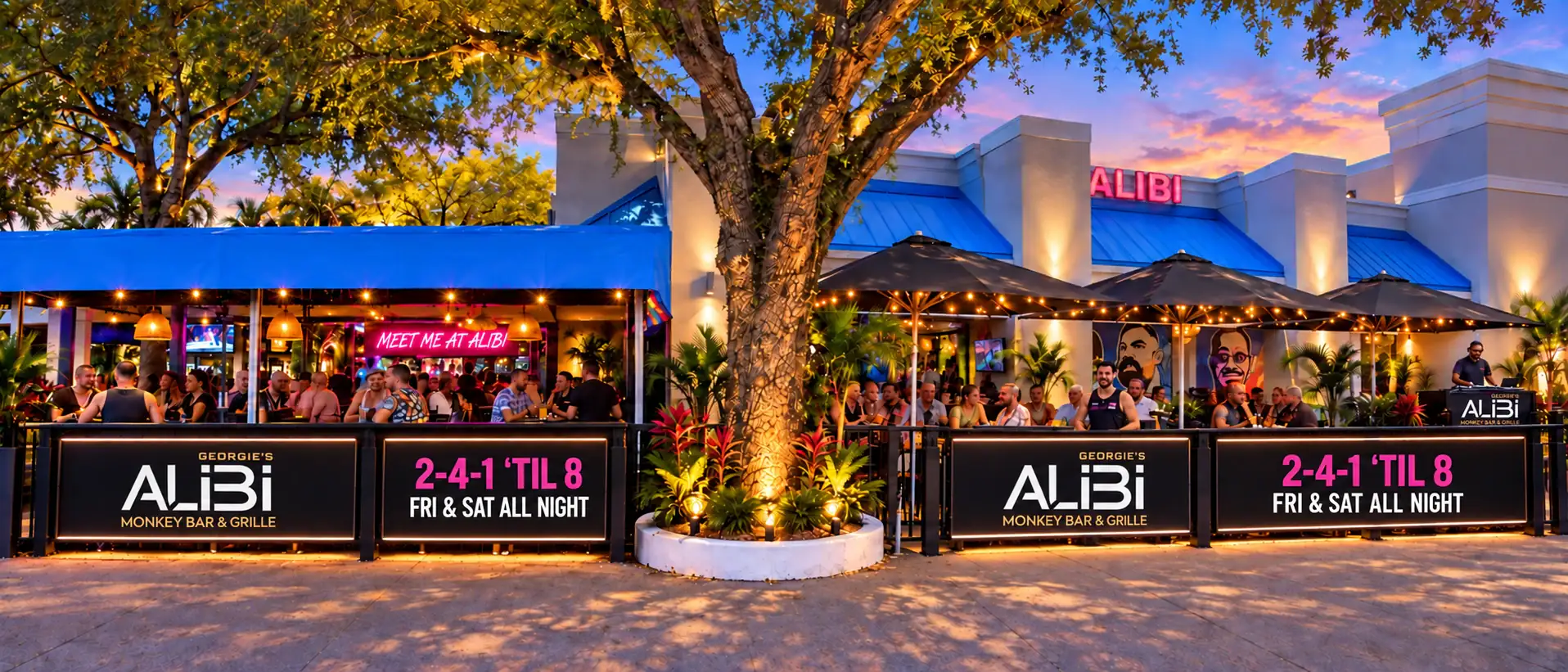 Alibi Monkey Bar exterior at sunset
